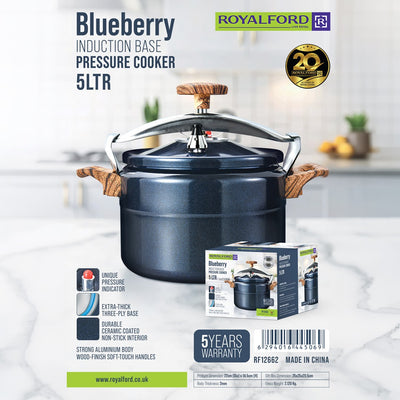 Royalford RF12662 Blueberry 5L Induction Base Pressure Cooker | Ceramic Non-Stick Interior | Extra Thick Three-Ply Base |  Soft Touch Handles & 5 Years Warranty