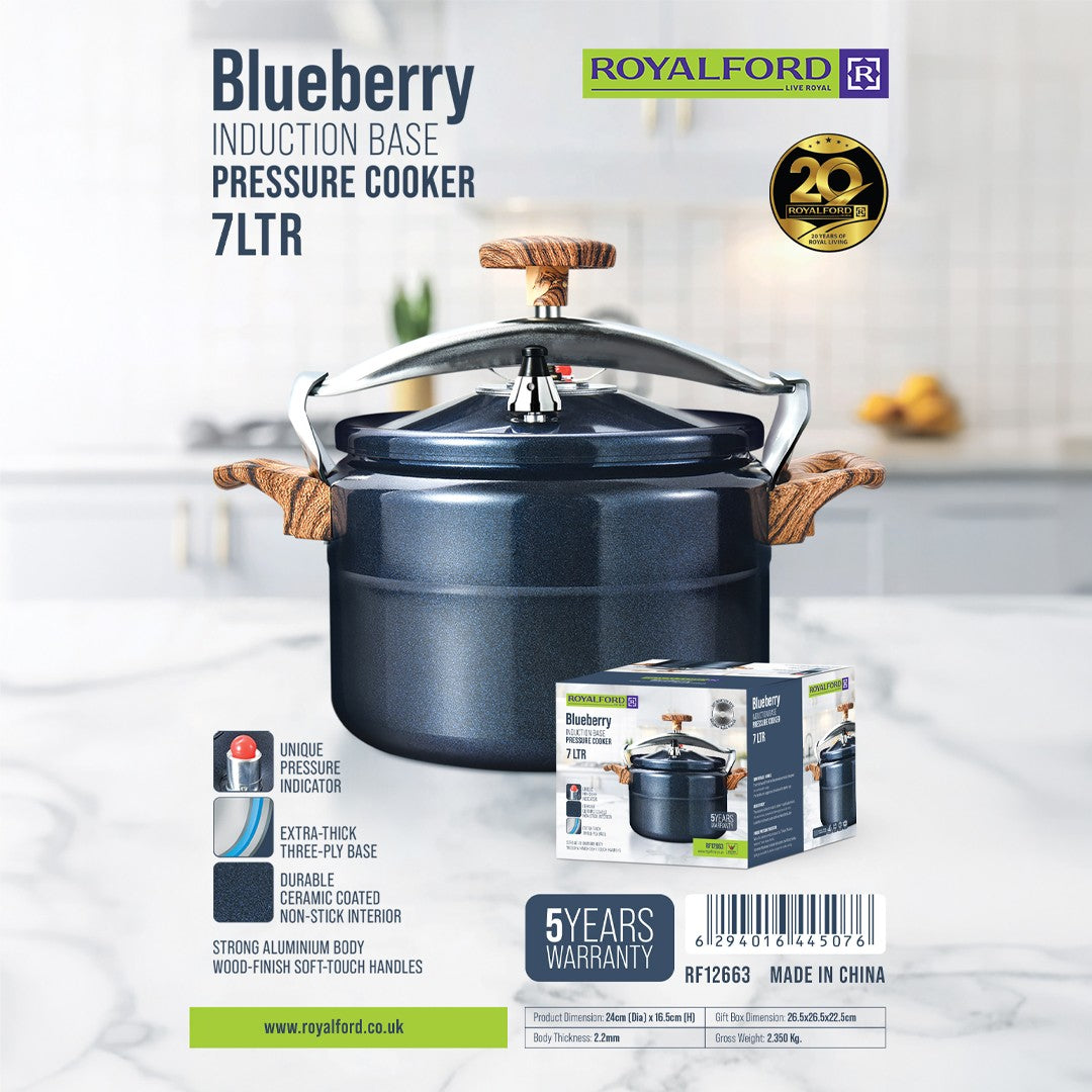 Royalford RF12663 Blueberry 7L Induction Base Pressure Cooker | Ceramic Non-Stick Interior | Extra Thick Three-Ply Base and 5 Years Warranty | Perfect for Family Cooking