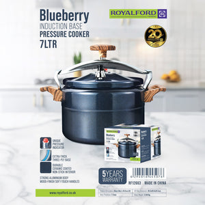 Royalford RF12663 Blueberry 7L Induction Base Pressure Cooker | Ceramic Non-Stick Interior | Extra Thick Three-Ply Base and 5 Years Warranty | Perfect for Family Cooking