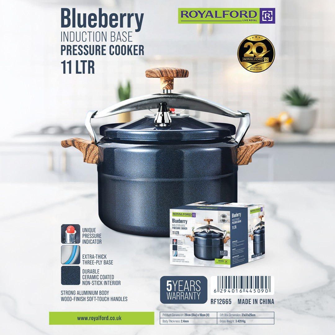 Royalford RF12665 Blueberry 11L Induction Base Pressure Cooker | Ceramic Non-Stick Interior | Extra-Thick Three-Ply Base | Durable Aluminium Body and Soft-Touch Handles