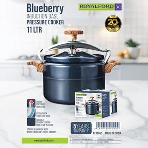 Royalford RF12665 Blueberry 11L Induction Base Pressure Cooker | Ceramic Non-Stick Interior | Extra-Thick Three-Ply Base | Durable Aluminium Body and Soft-Touch Handles