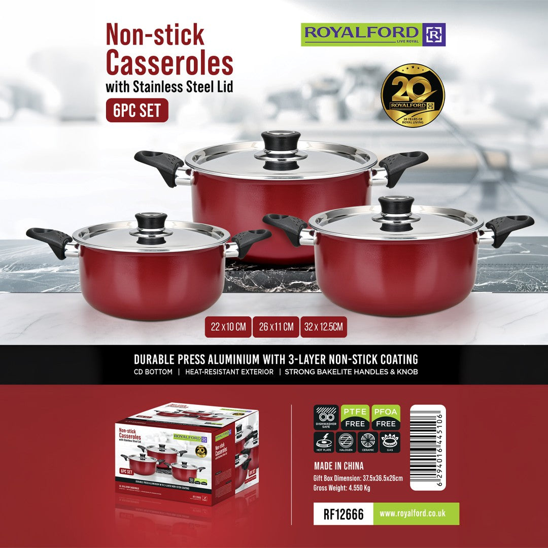 Royalford RF12666 Non Stick Casserole Set 6 PCS | Press Aluminium Cookware with Stainless Steel Lid | 3 Layer Non Stick Coating | Heat Resistant Bakelite Handles