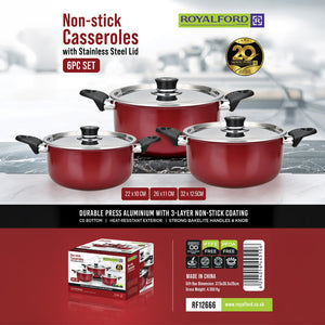 Royalford RF12666 Non Stick Casserole Set 6 PCS | Press Aluminium Cookware with Stainless Steel Lid | 3 Layer Non Stick Coating | Heat Resistant Bakelite Handles