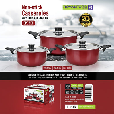 Royalford RF12666 Non Stick Casserole Set 6 PCS | Press Aluminium Cookware with Stainless Steel Lid | 3 Layer Non Stick Coating | Heat Resistant Bakelite Handles