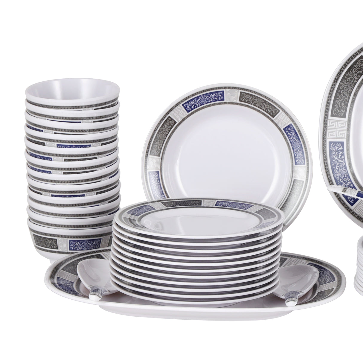 Royalford RF12675 Melamine Dinner Set 70 Pcs | Premium Durable & Elegant Melamine Tableware with Plates, Bowls & Serving Spoons for Home, Hotel & Special Occasions