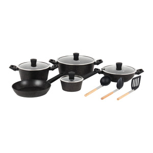 Royalford RF12677 Authentic Forged Aluminium 12-Piece Granite Coated Cookware Set with Glass Lids | 5-Layer Non-Stick, Induction Compatible Pots & Pans for Home Cooking
