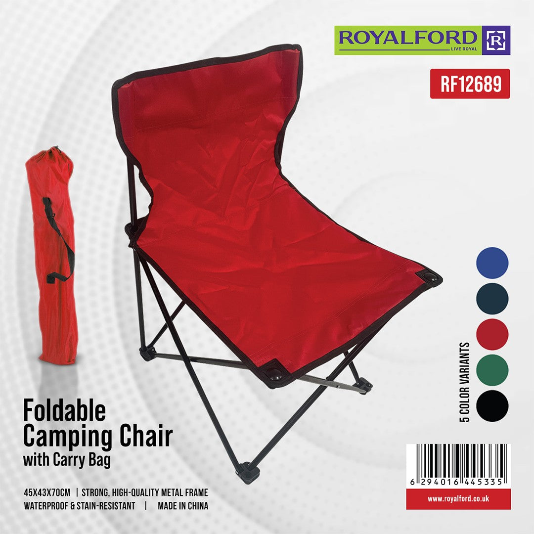 Royalford RF12689 Foldable Camping Chair with Carry Bag | Strong Metal Frame | Waterproof & Stain-Resistant Fabric | Portable Outdoor Chair for Camping, Beach & Picnic