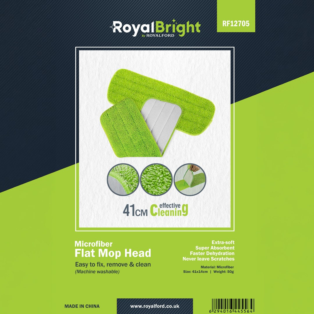 Royalford RF12705 Microfiber Mop Head 41cm| flat mop replacement pad with super absorbent & extra-soft fibers| scratch-free cleaning, machine washable & reusable design|