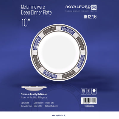 Royalford RF12706 10" melamine deep dinner plate| lightweight & chip-resistant with durable build| dishwasher & freezer safe, ideal for serving meals with style|