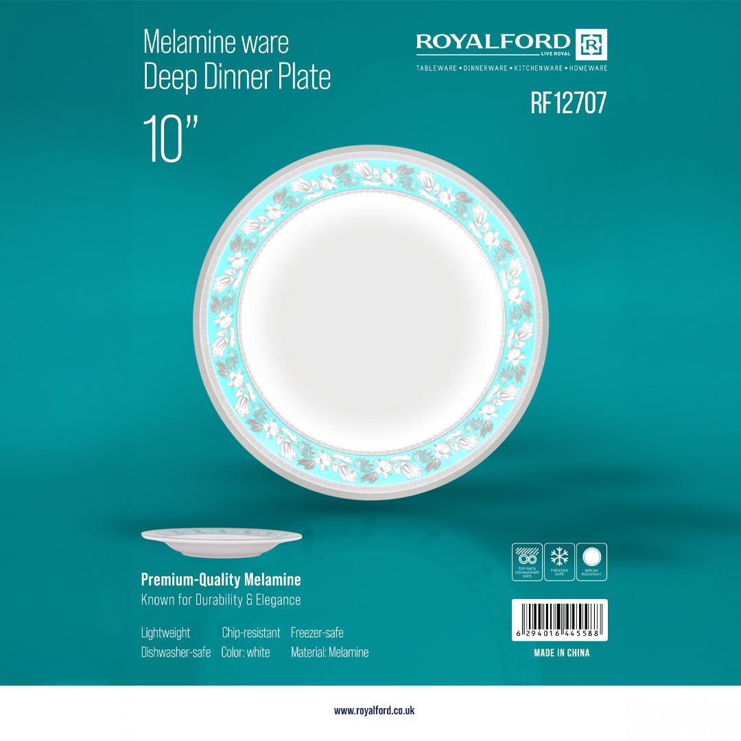 Royalford RF12707 10" melamine deep dinner plate| durable chip-resistant build and lightweight design| elegant finish, dishwasher and freezer safe for daily use|