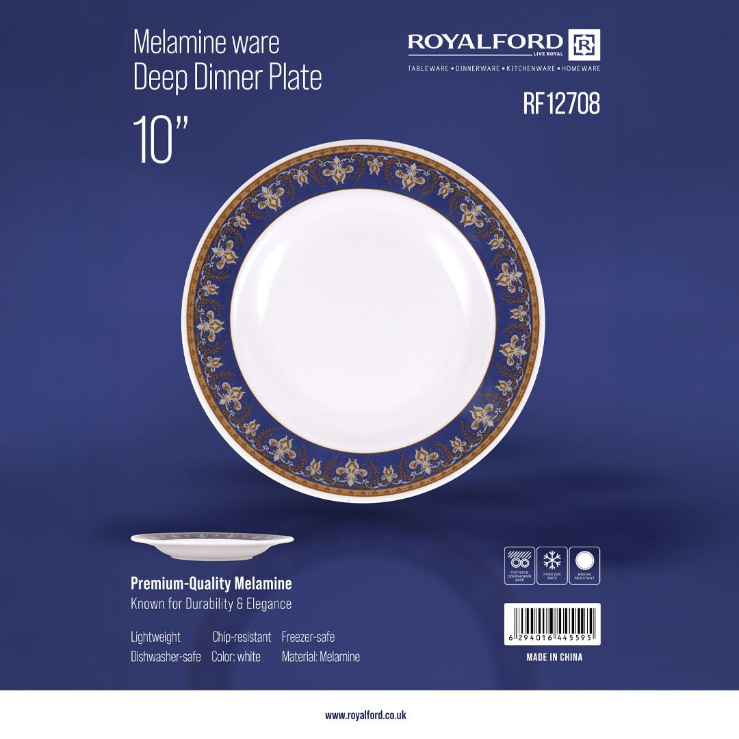 Royalford RF12708 10” Melamine Deep Dinner Plate | lightweight and elegant tableware with a stylish blue floral rim| dishwasher-safe & perfect for everyday use|