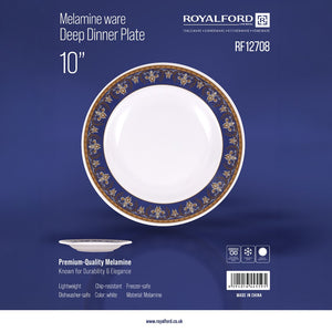 Royalford RF12708 10” Melamine Deep Dinner Plate | lightweight and elegant tableware with a stylish blue floral rim| dishwasher-safe & perfect for everyday use|