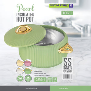 Royalford RF12711 2800ml Pearl Insulated Hot Pot |  Stainless Steel Inner Casing | Super PU Insulation | Firm Twist Lock Lid & Durable PP Outer Body for Hot Food Storage