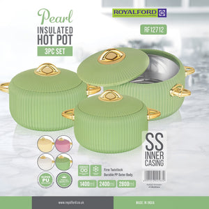 Royalford RF12712 Pearl Insulated Hot Pot 3PC Set |stainless steel inner casing| durable PP outer body and PU insulation to keep food hot| fresh and flavorful for longer.