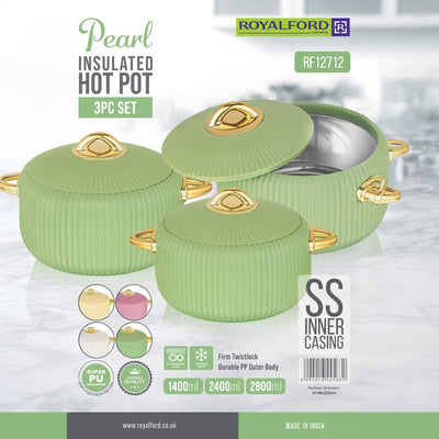 Royalford RF12712 Pearl Insulated Hot Pot 3PC Set |stainless steel inner casing| durable PP outer body and PU insulation to keep food hot| fresh and flavorful for longer.
