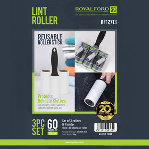 Royalford RF12713 Lint Roller Set | 3 Sticky Rollers & Ergonomic Handle| 60 Sheets Per Roll| Portable Pet Hair and Lint Remover for Clothes, Furniture, Carpets & Blankets