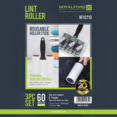 Royalford RF12713 Lint Roller Set | 3 Sticky Rollers & Ergonomic Handle| 60 Sheets Per Roll| Portable Pet Hair and Lint Remover for Clothes, Furniture, Carpets & Blankets