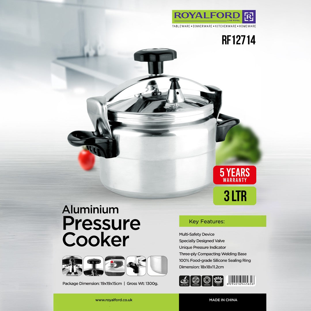 Royalford RF12714 3L aluminium pressure cooker with multi-safety device| pressure indicator, strong welded base, food-grade sealing ring and even heat cooking performance