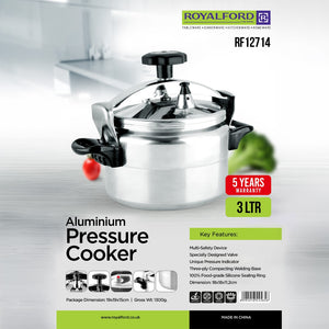 Royalford RF12714 3L aluminium pressure cooker with multi-safety device| pressure indicator, strong welded base, food-grade sealing ring and even heat cooking performance