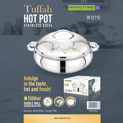 Royalford RF12715 Tuffah Stainless Steel Hot Pot 2500ml | Double Wall Vacuum Insulation | Twist Lock Lid | Elegant Design | Premium Quality for Home Dining and Serving