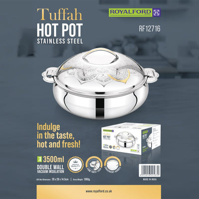 Royalford RF12716 Tuffah Stainless Steel Hot Pot 3500ml | Double Wall Vacuum Insulated Food Warmer | Secure Twist Lock Lid| Convenient Handles & Elegant Serving Design