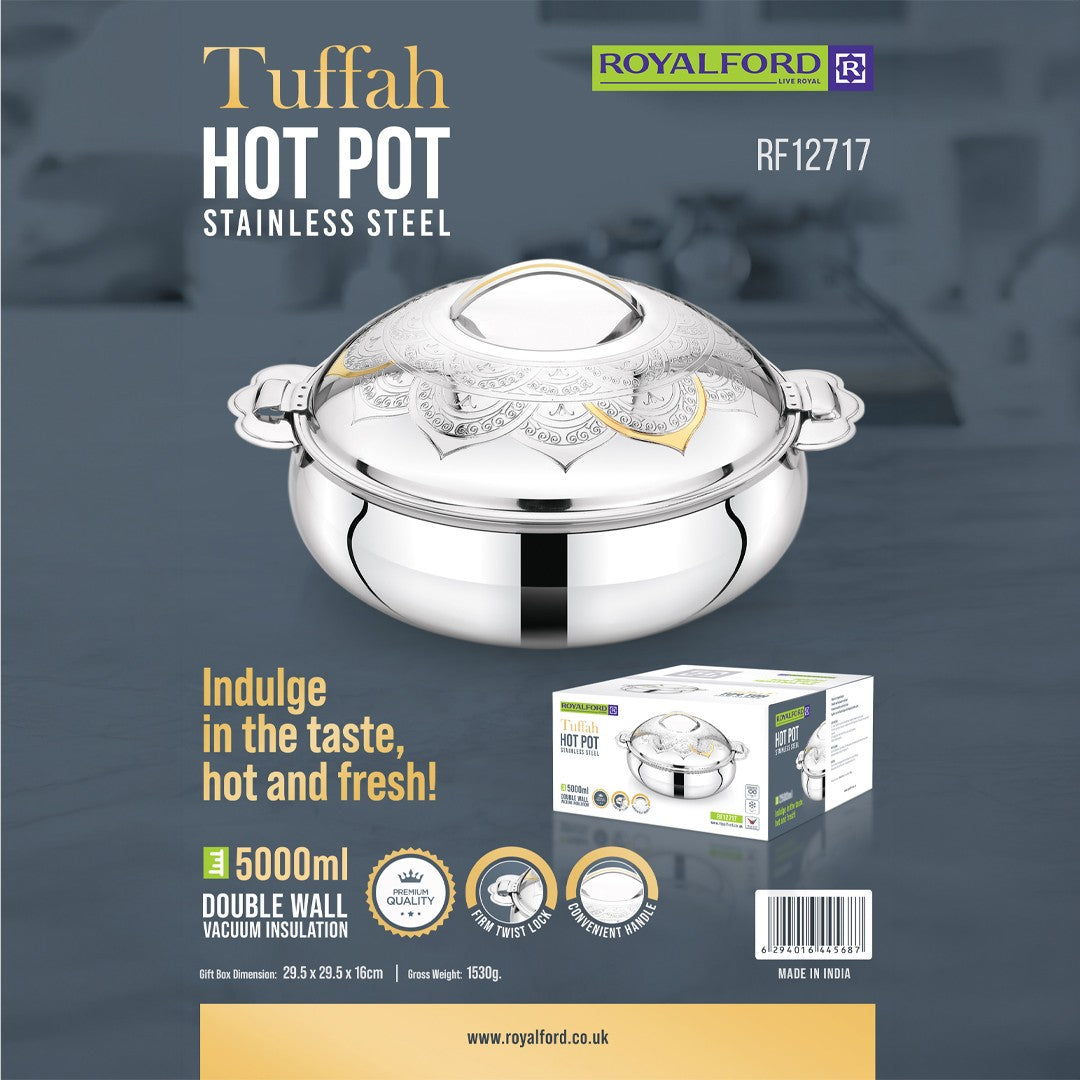 Royalford RF12717 Tuffah Stainless Steel Hot Pot 5000 ml | Double Wall Vacuum Insulated Hot Food Server with Firm Twist Lock Lid | Perfect for Serving Meals Hot & Fresh