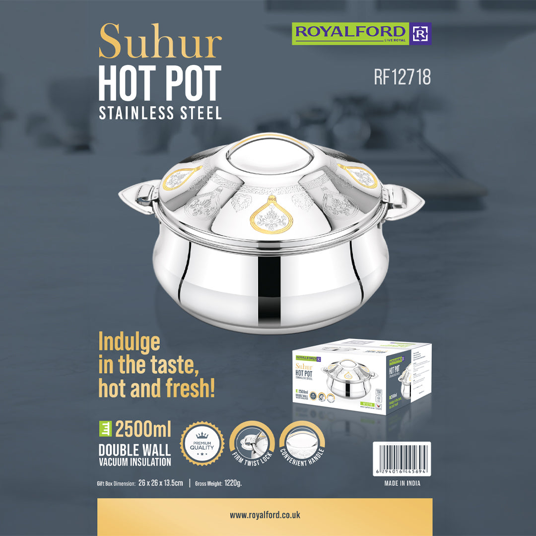 Royalford RF12718 Suhur Stainless Steel Hot Pot 2500ml | Double Wall Vacuum Insulated Food Warmer with Secure Twist Lock Lid | Strong Handles & Elegant Serving Design