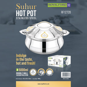 Royalford RF12720 Suhur Stainless Steel Hot Pot 5000ml | Double Wall Vacuum Insulation| Twist Lock Lid and Handles| Perfect  for Hot Fresh Food Serving at Home and Events