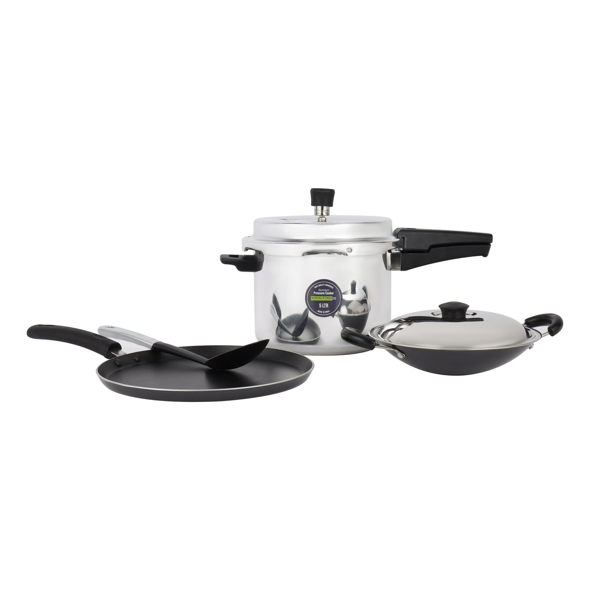 Royalford RF12721 4-in-1 Aluminium Cookware Set | including a 5L pressure cooker | non-stick tawa, appachatti, nylon spoon, durable design for everyday kitchens.