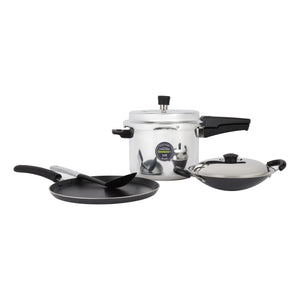 Royalford RF12721 4-in-1 Aluminium Cookware Set | including a 5L pressure cooker | non-stick tawa, appachatti, nylon spoon, durable design for everyday kitchens.