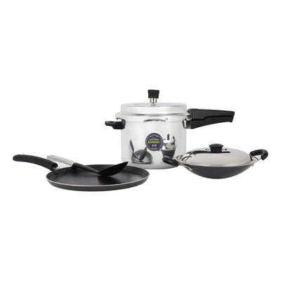 Royalford RF12721 4-in-1 Aluminium Cookware Set | including a 5L pressure cooker | non-stick tawa, appachatti, nylon spoon, durable design for everyday kitchens.