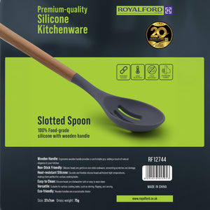 Royalford RF12744 Silicone Slotted Spoon with Wooden Handle | Heat Resistant | Non-Stick Safe Durable Kitchen Cooking Utensil |  Perfect for Stirring, Draining & Serving