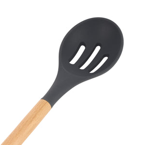 Royalford RF12744 Silicone Slotted Spoon with Wooden Handle | Heat Resistant | Non-Stick Safe Durable Kitchen Cooking Utensil |  Perfect for Stirring, Draining & Serving