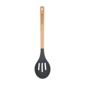 Royalford RF12744 Silicone Slotted Spoon with Wooden Handle | Heat Resistant | Non-Stick Safe Durable Kitchen Cooking Utensil |  Perfect for Stirring, Draining & Serving