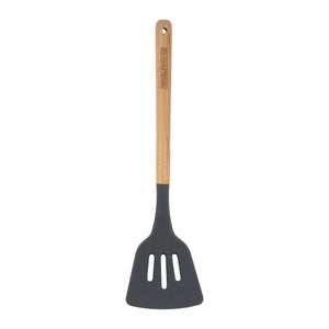Royalford RF12747 Silicone Slotted Turner with Wooden Handle | Heat Resistant | Food Grade Non Stick Safe Durable Kitchen Spatula Turner | Perfect  for Frying & Flipping