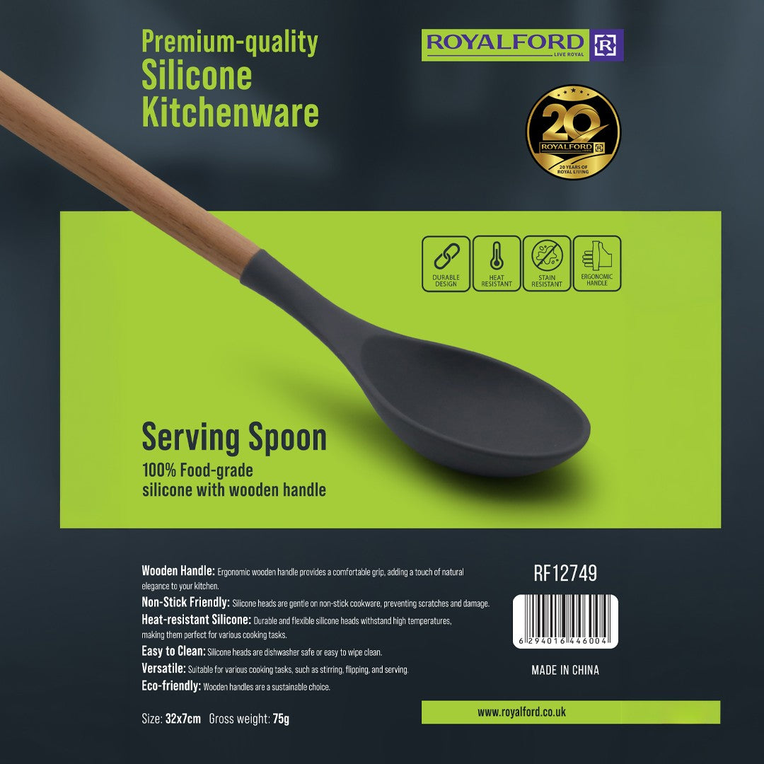 Royalford RF12749 Silicone Serving Spoon with Wooden Handle | Heat Resistant | Food Grade | Non Stick Safe | Durable Kitchen Spoon for Cooking & Serving Rice, Curry Etc