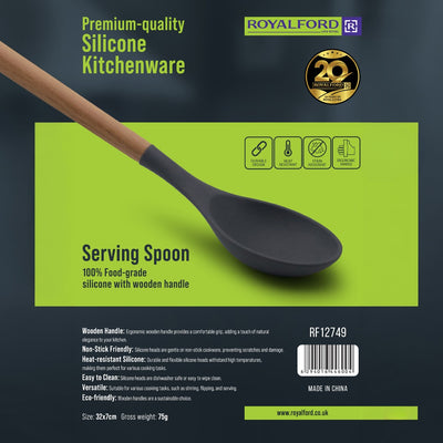 Royalford RF12749 Silicone Serving Spoon with Wooden Handle | Heat Resistant | Food Grade | Non Stick Safe | Durable Kitchen Spoon for Cooking & Serving Rice, Curry Etc