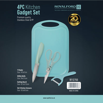 Royalford RF12755 4PC Kitchen Gadget Set with Cutting Board, Utility Knife  and  Y-Peeler | 3-in-1 Kitchen Scissors | Stainless Steel Blades | Durable PP Handles