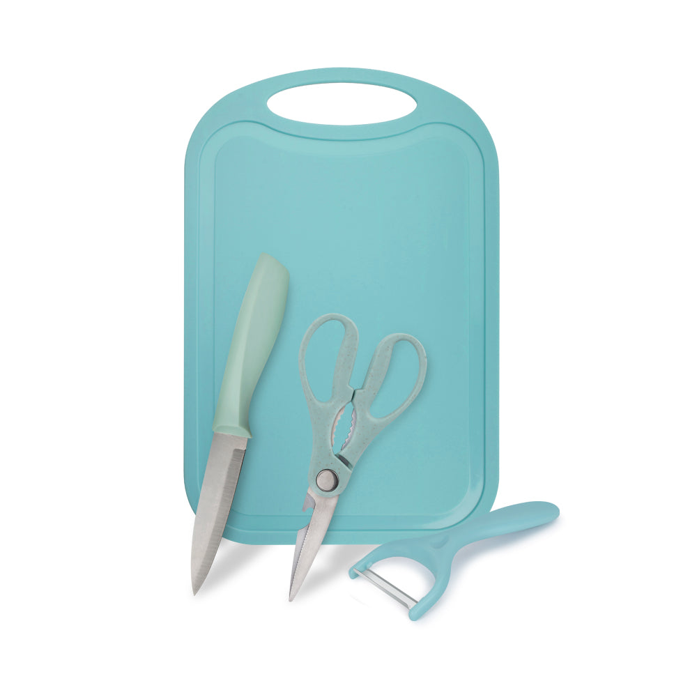 Royalford RF12755 4PC Kitchen Gadget Set with Cutting Board, Utility Knife  and  Y-Peeler | 3-in-1 Kitchen Scissors | Stainless Steel Blades | Durable PP Handles