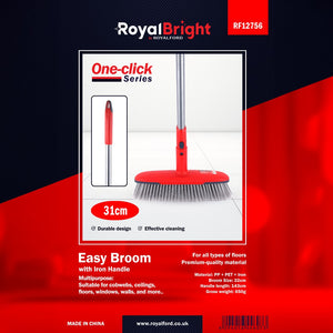 Royalford RF12756 Easy Broom with Iron Handle 31cm | One-Click Series Floor Broom | 143cm Long Handle | Heavy Duty Cleaning Brush | Perfect for Home & Commercial Use