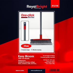 Royalford RF12760 Easy Broom with Iron Handle | 29cm Wide Head | Durable Floor Cleaning Broom for Tile, Wood, Marble Floors| Multipurpose Sweeping Brush for Home & Office