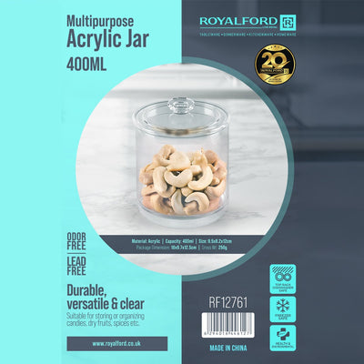 Royalford RF12761 400ML acrylic jar with lid| clear, durable, odor-free, lead-free storage container| ideal for dry fruits, snacks, spices, and kitchen organization|