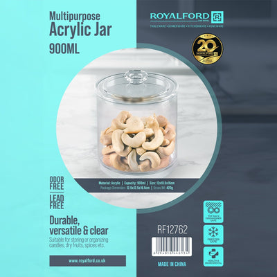 Royalford RF12762 900ML Multipurpose Acrylic Jar with Lid |  Clear Odor-Free and Lead-Free Storage Container | Durable, Top Rack Dishwasher & Freezer Safe Design