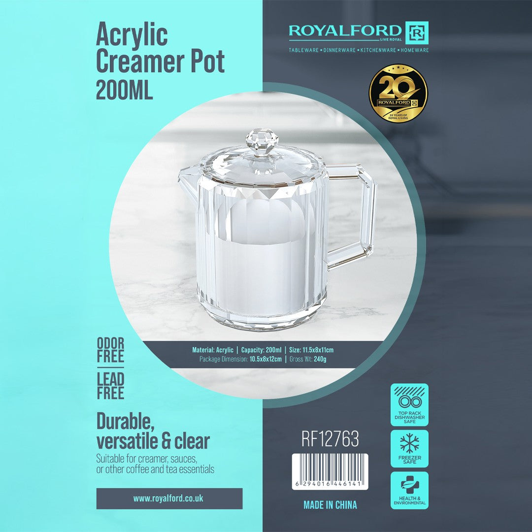 Royalford RF12763 200ML acrylic creamer pot with lid| clear, durable with odor-free| lead-free jug ideal for milk, cream, sauces, coffee and tea serving at home|