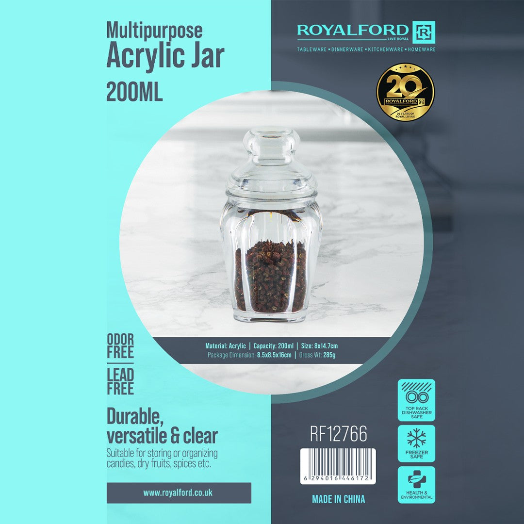 Royalford RF12766 Multipurpose Acrylic Jar 200ml| Clear Storage Container and Odor Free, Lead Free| Freezer Safe with Lid Durable Transparent Kitchen Organizer Jar|