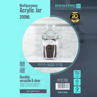 Royalford RF12766 Multipurpose Acrylic Jar 200ml| Clear Storage Container and Odor Free, Lead Free| Freezer Safe with Lid Durable Transparent Kitchen Organizer Jar|