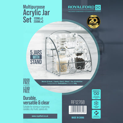 Royalford RF12768 Multipurpose Acrylic Jar Set with Stand | 5 Clear Odor Free Lead Free Storage Jars | 120ml & 200ml Sizes for Kitchen Spice & Dry Fruit Organization