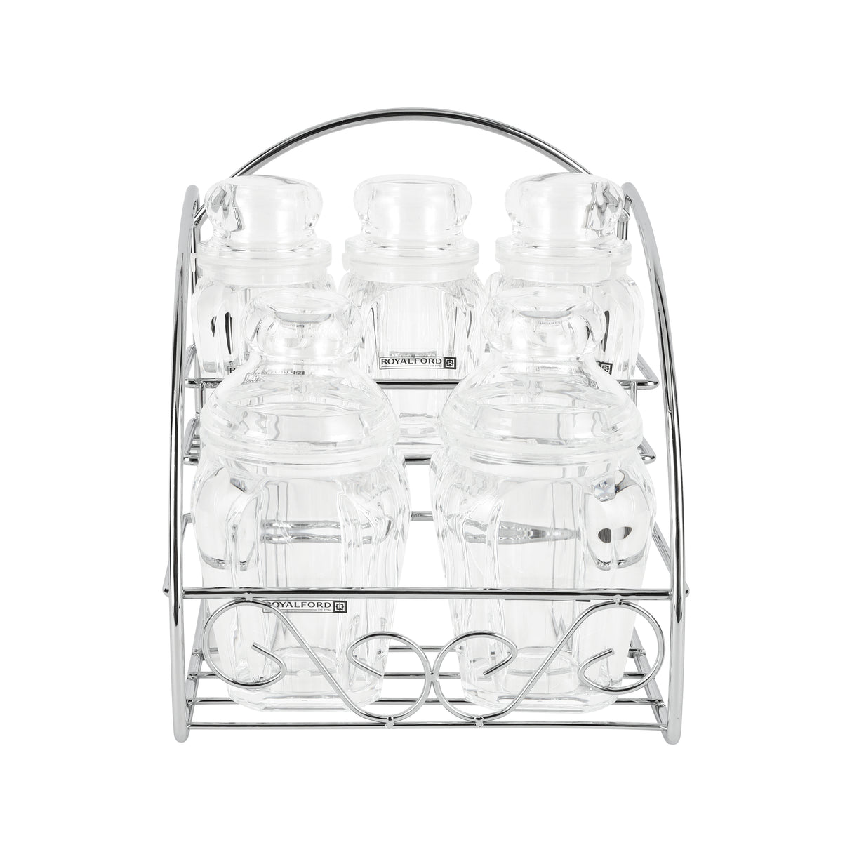 Royalford RF12768 Multipurpose Acrylic Jar Set with Stand | 5 Clear Odor Free Lead Free Storage Jars | 120ml & 200ml Sizes for Kitchen Spice & Dry Fruit Organization