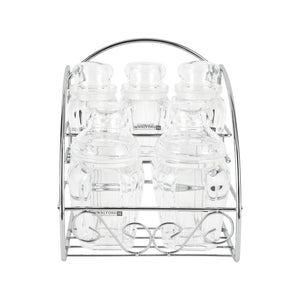 Royalford RF12768 Multipurpose Acrylic Jar Set with Stand | 5 Clear Odor Free Lead Free Storage Jars | 120ml & 200ml Sizes for Kitchen Spice & Dry Fruit Organization