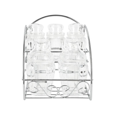 Royalford RF12768 Multipurpose Acrylic Jar Set with Stand | 5 Clear Odor Free Lead Free Storage Jars | 120ml & 200ml Sizes for Kitchen Spice & Dry Fruit Organization